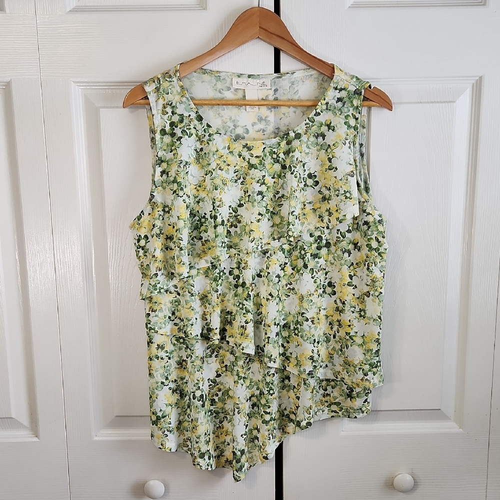 Emaline Womens Green & Yellow Floral‎ Tiered Blouse Size PL Asymetrical Cottage